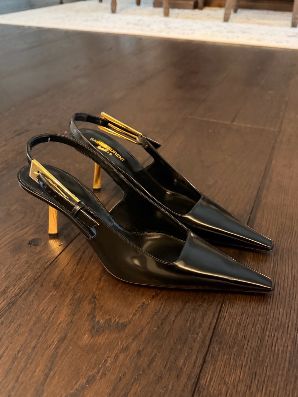 Saint Laurent Lee Black Patent Slingback Heels with Gold Accent